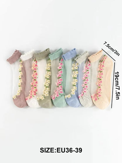 7 pairs floral silk women's socks