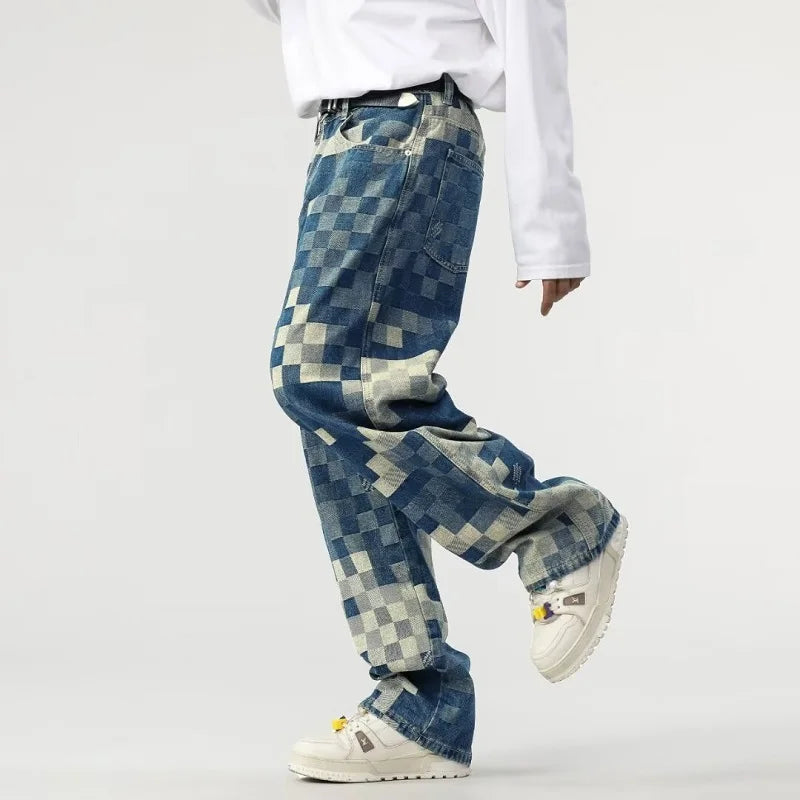 Mosaic Checkerboard Printed Jeans Men Fashion Loose