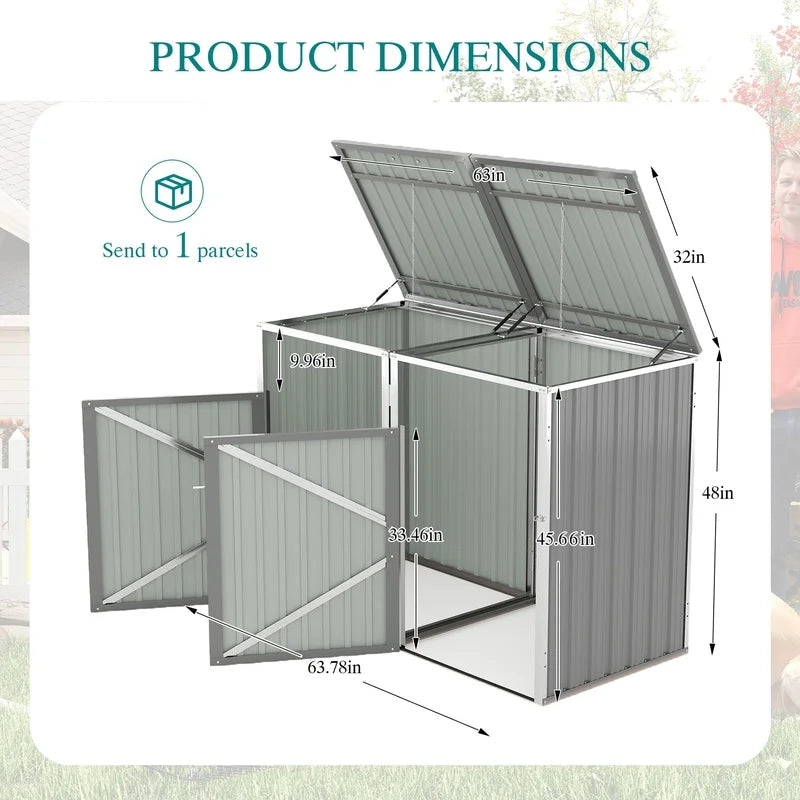 Outdoor Garbage Bin Shed with 54 cu ft Storage, Stainless Galvanized Steel, Grey, for Garden Yard Use