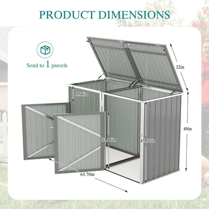 Outdoor Garbage Bin Shed with 54 cu ft Storage, Stainless Galvanized Steel, Grey, for Garden Yard Use