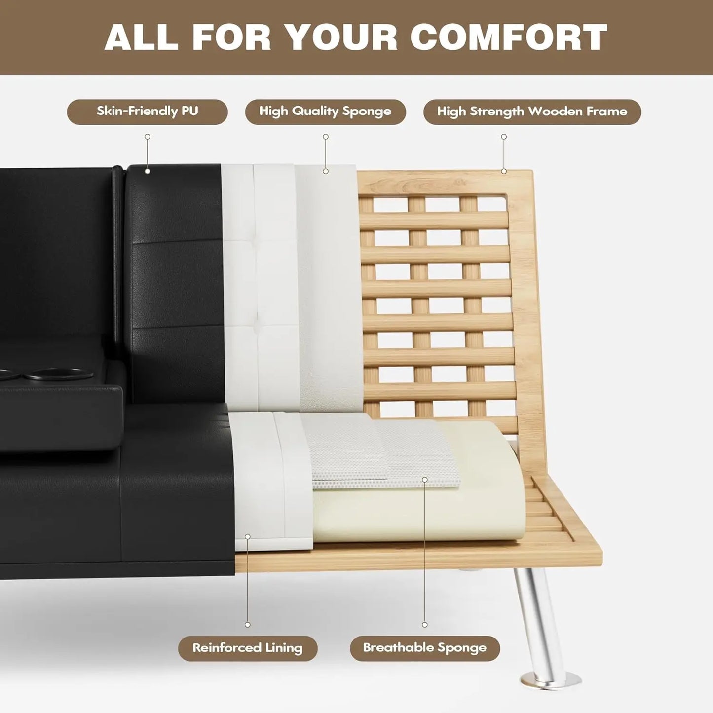 Leather Futon Couch with Removable Armrests