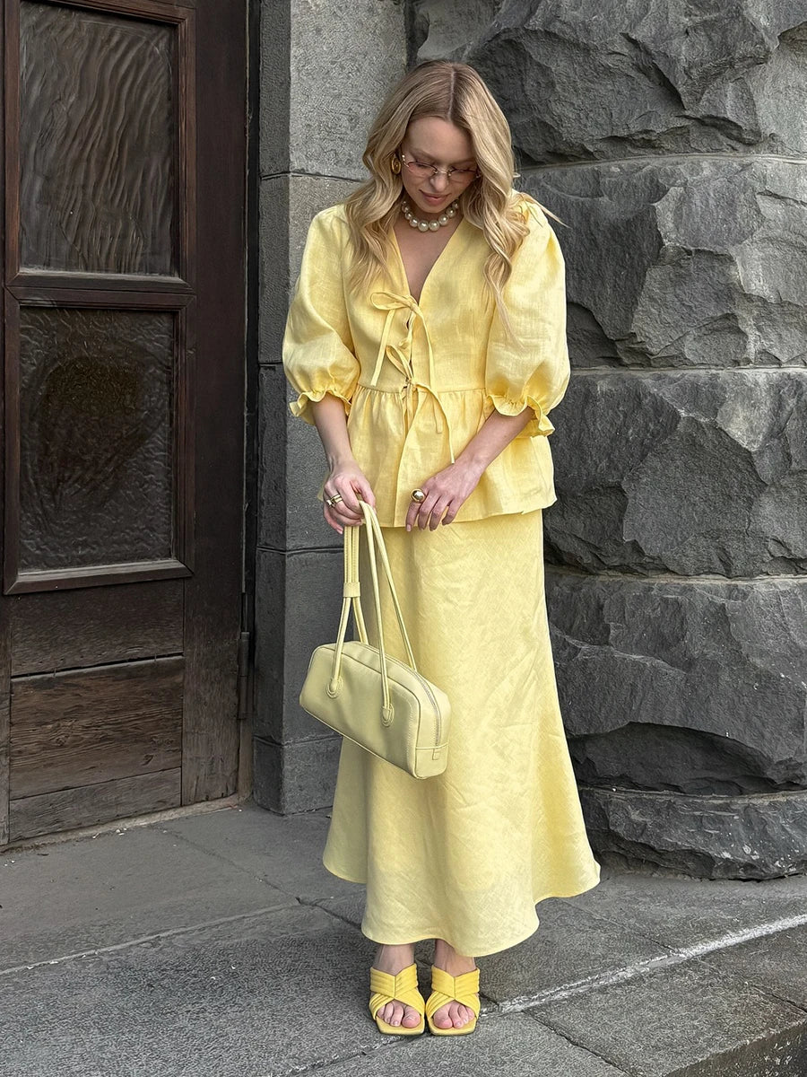 2 PCS V-Neck Lace-Up Bubble Sleeve Shirt  Long Skirt