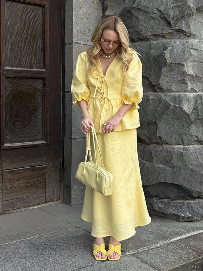 2 PCS V-Neck Lace-Up Bubble Sleeve Shirt  Long Skirt