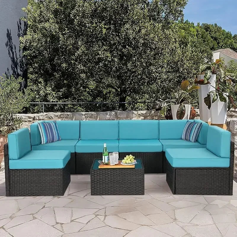 7 Piece Rattan Gray Wicker Outdoor Sectional Furniture Set