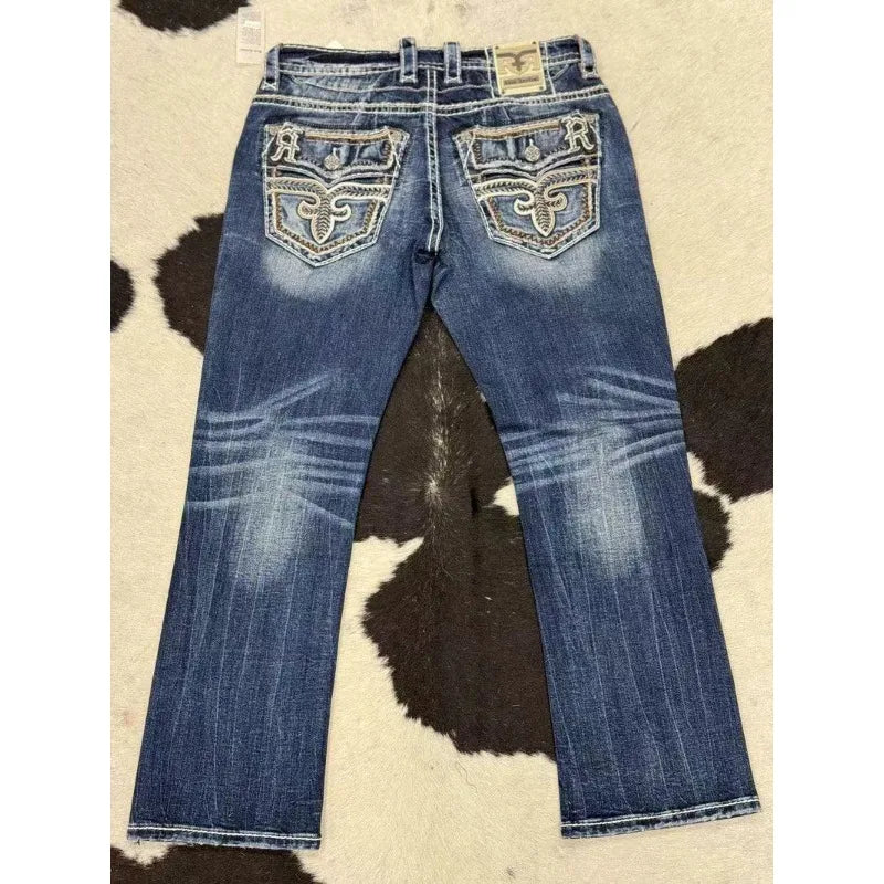 Blue Embroidered Men's and Women's Retro Trendy Jeans