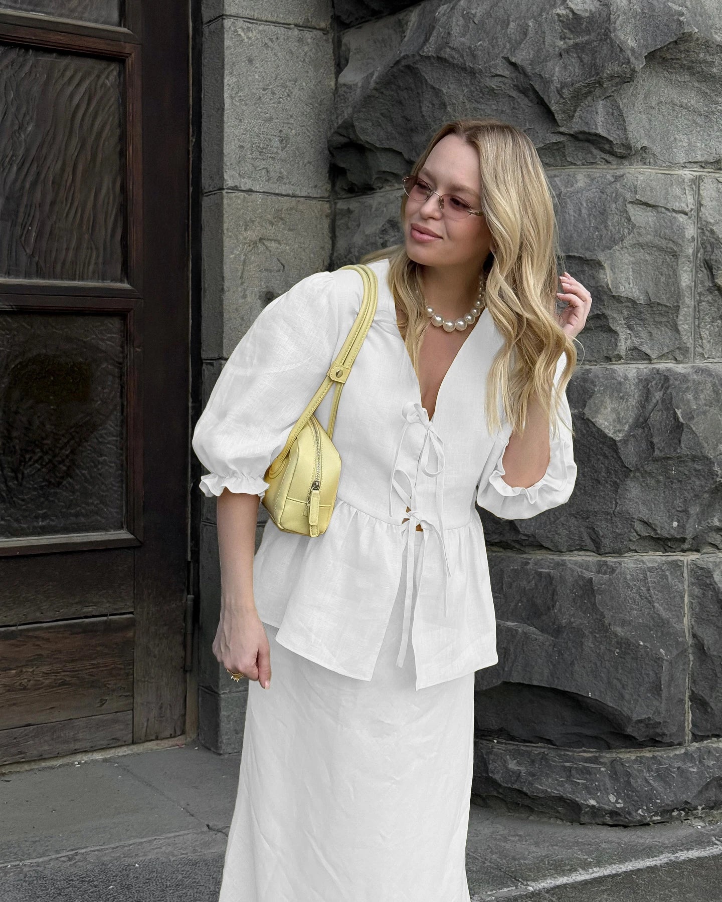 2 PCS V-Neck Lace-Up Bubble Sleeve Shirt  Long Skirt