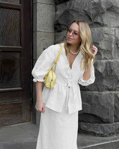 2 PCS V-Neck Lace-Up Bubble Sleeve Shirt  Long Skirt