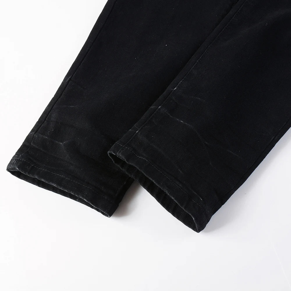 Men's White Pleated Patch Denim Jeans Streetwear
