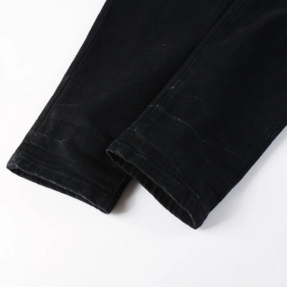 Men's White Pleated Patch Denim Jeans Streetwear