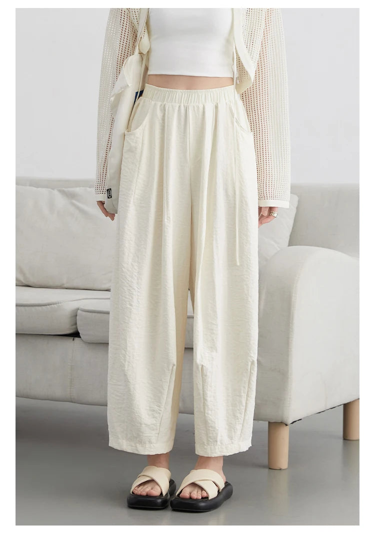 White Pants Casual Elastic High Waisted Womens