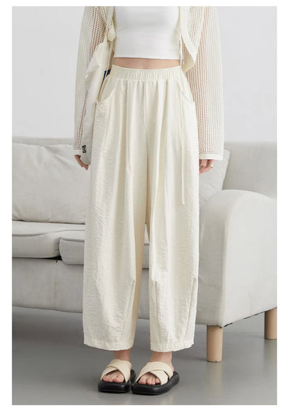 White Pants Casual Elastic High Waisted Womens