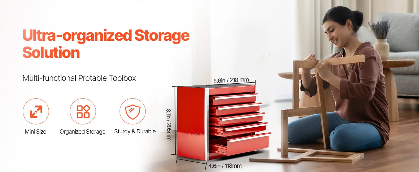 5-Drawer Metal Tool Box Red/Black Portable Tools Storage