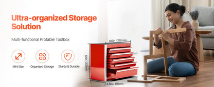 5-Drawer Metal Tool Box Red/Black Portable Tools Storage