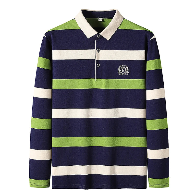 Men Polo Shirt Cotton Long Sleeve Stripe