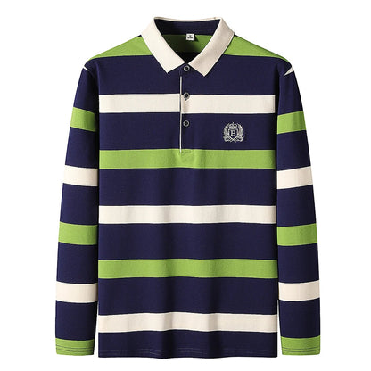 Men Polo Shirt Cotton Long Sleeve Stripe