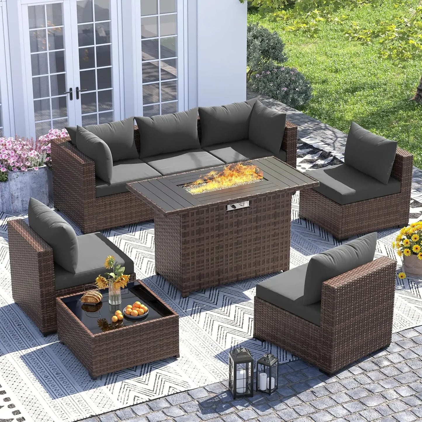 8 Piece Sectional Sofas, All-Weather With Fire Pit