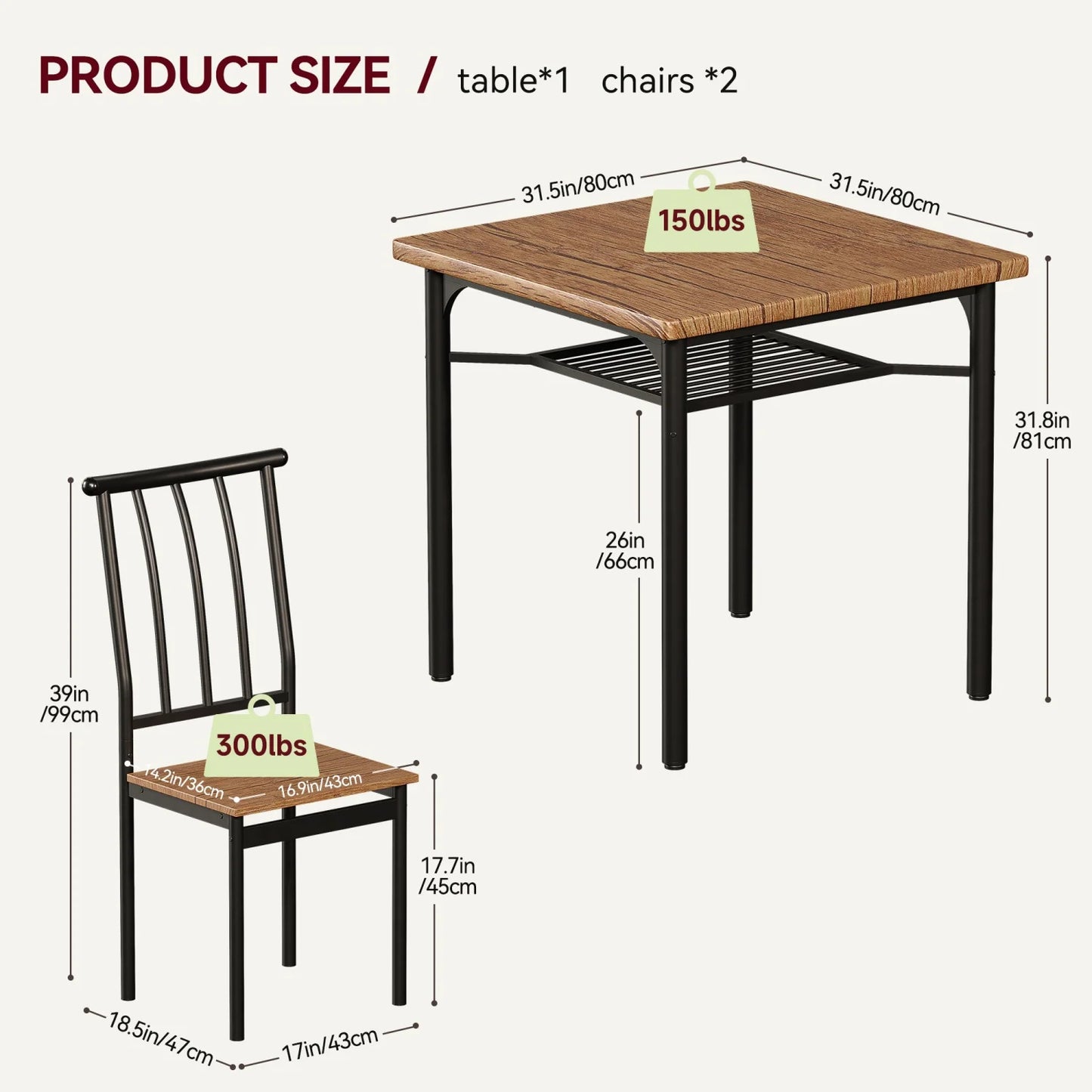 3-Piece Dining Table Set for 2 with Storage Rack