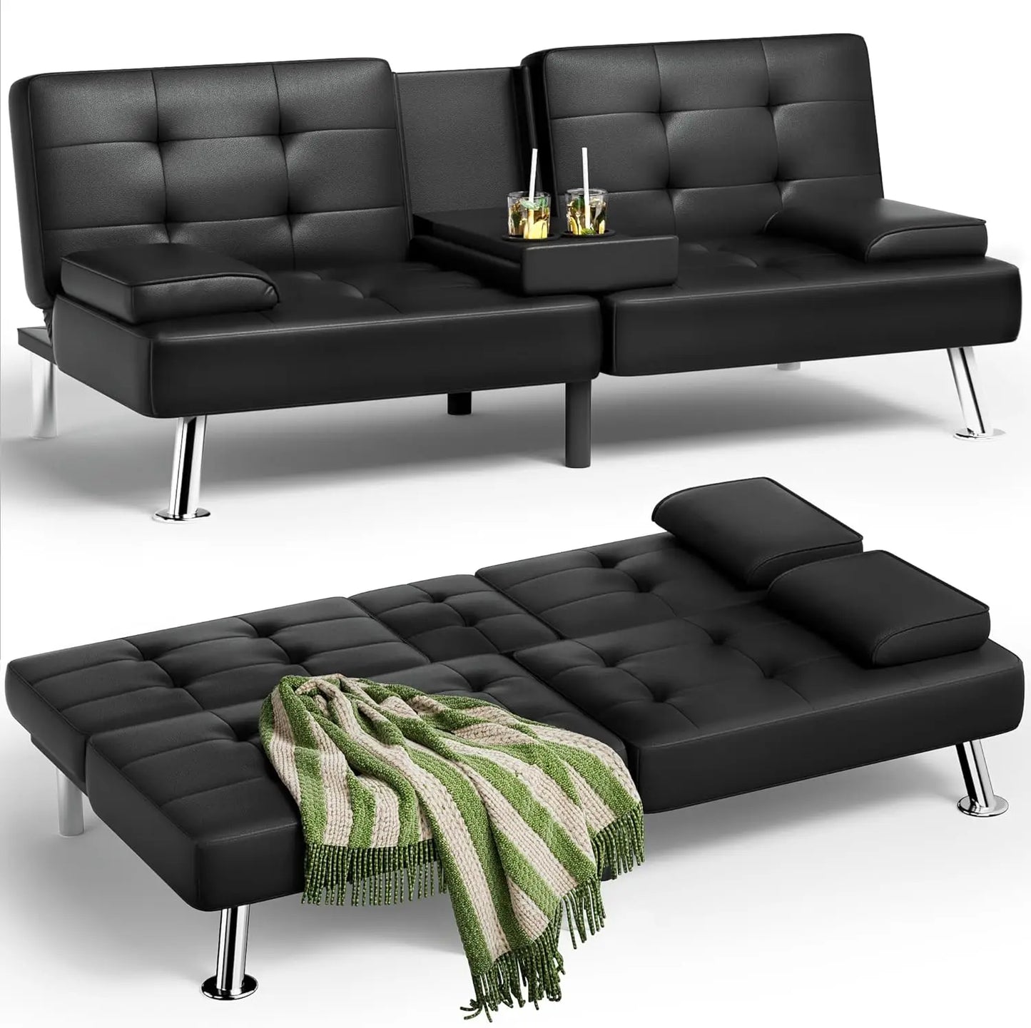 Leather Futon Couch with Removable Armrests