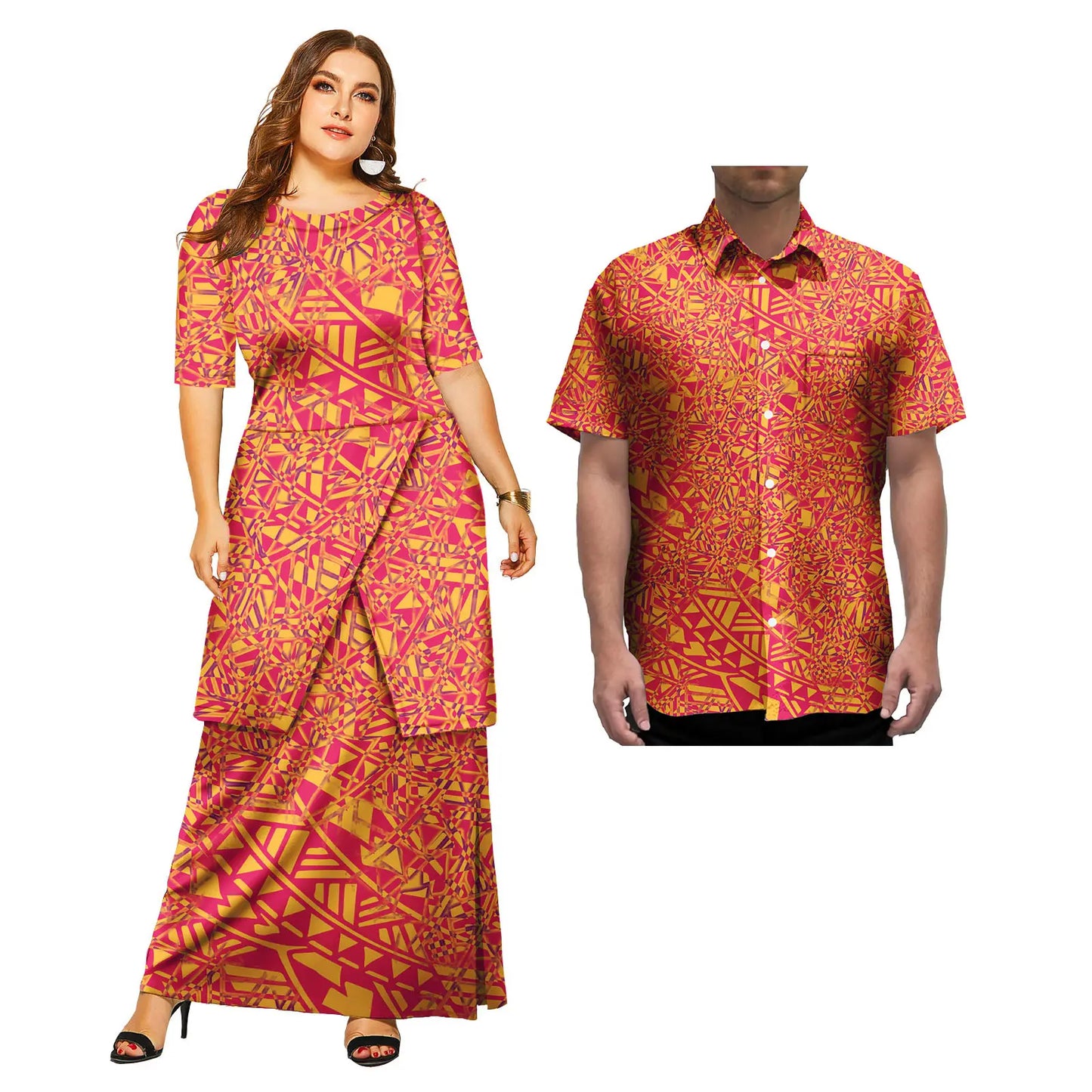 2 Pcs Custom Polynesian Traditional Dresses and Mens Shirts