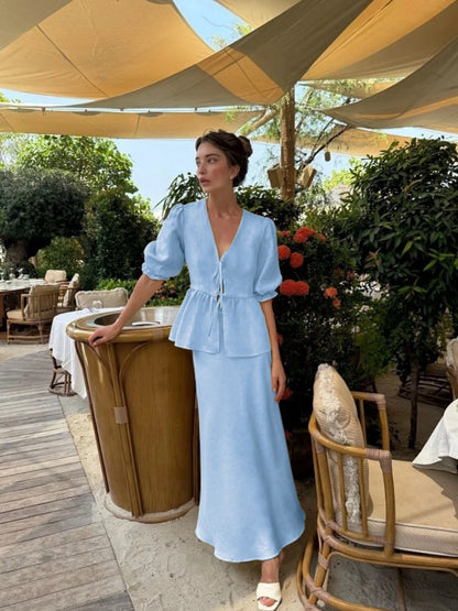 2 PCS V-Neck Lace-Up Bubble Sleeve Shirt  Long Skirt