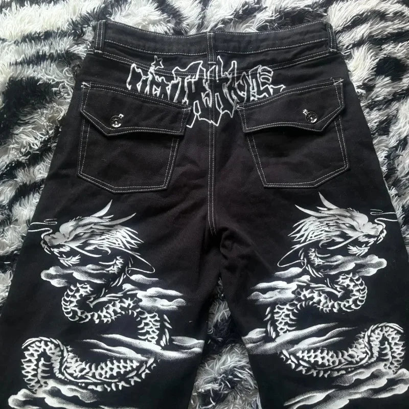 Oversize Geometric Letter Printing Washed Black Jeans