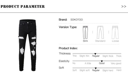 Men's White Pleated Patch Denim Jeans Streetwear