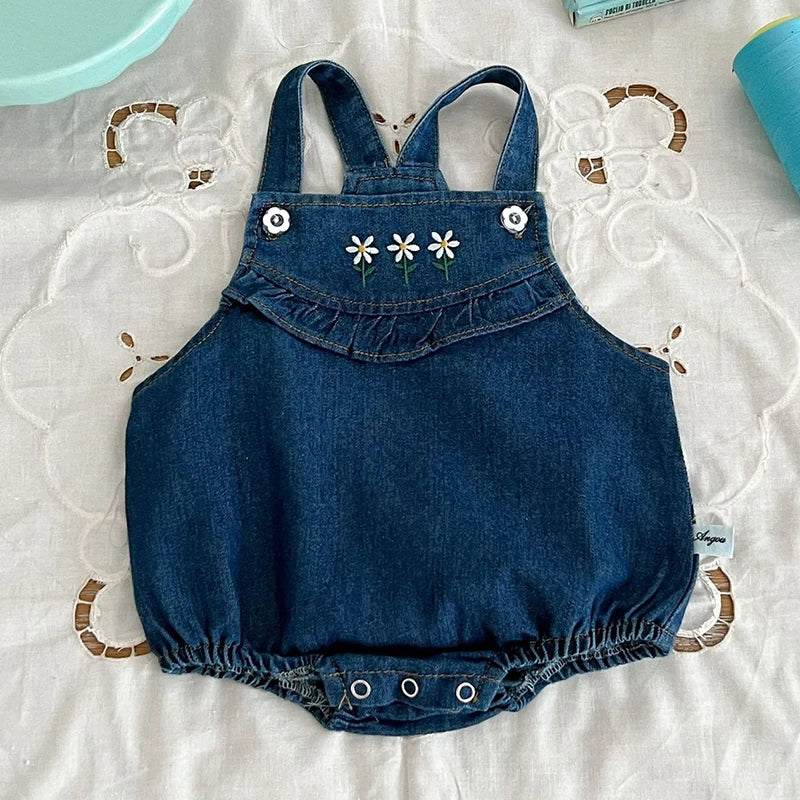 2 Pcs Lapel Denim Baby Girl Romper Set