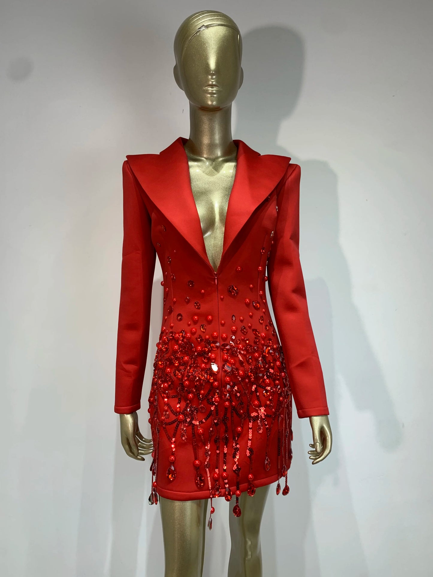 Sparkly Crystal Pearls Mini Dress Luxury Red Fashion