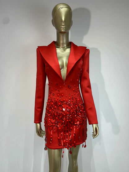 Sparkly Crystal Pearls Mini Dress Luxury Red Fashion