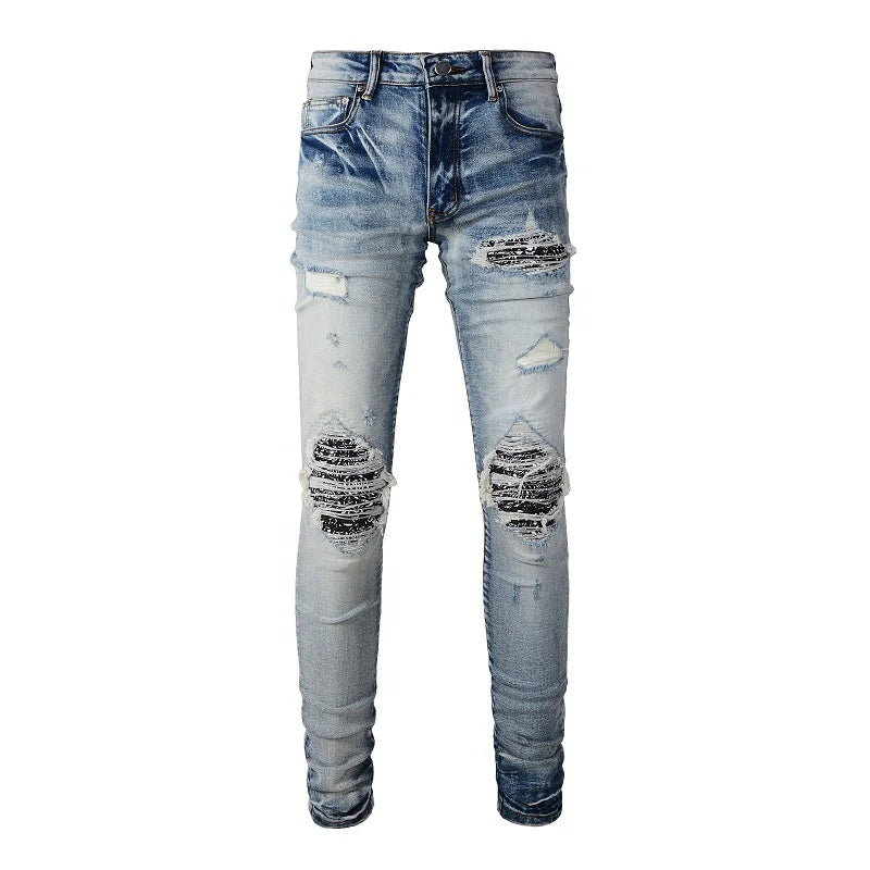 Men Paisley Bandana Print Patch Jeans Skinny