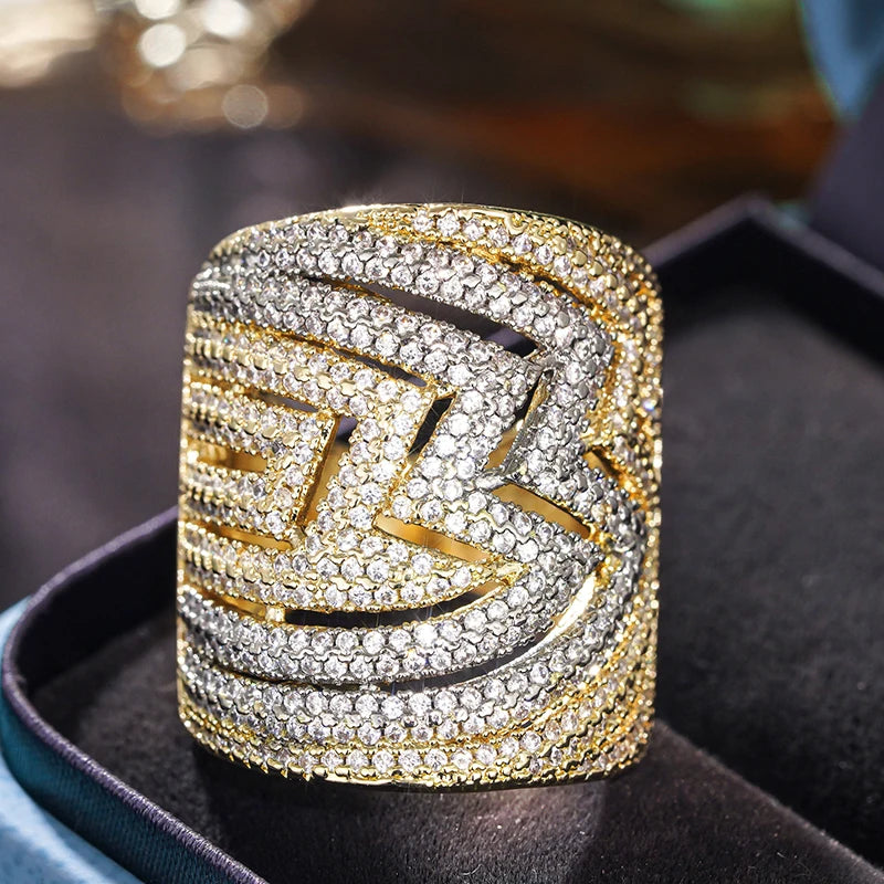 Hollow Geometric Luxury Wide Band Two Tone