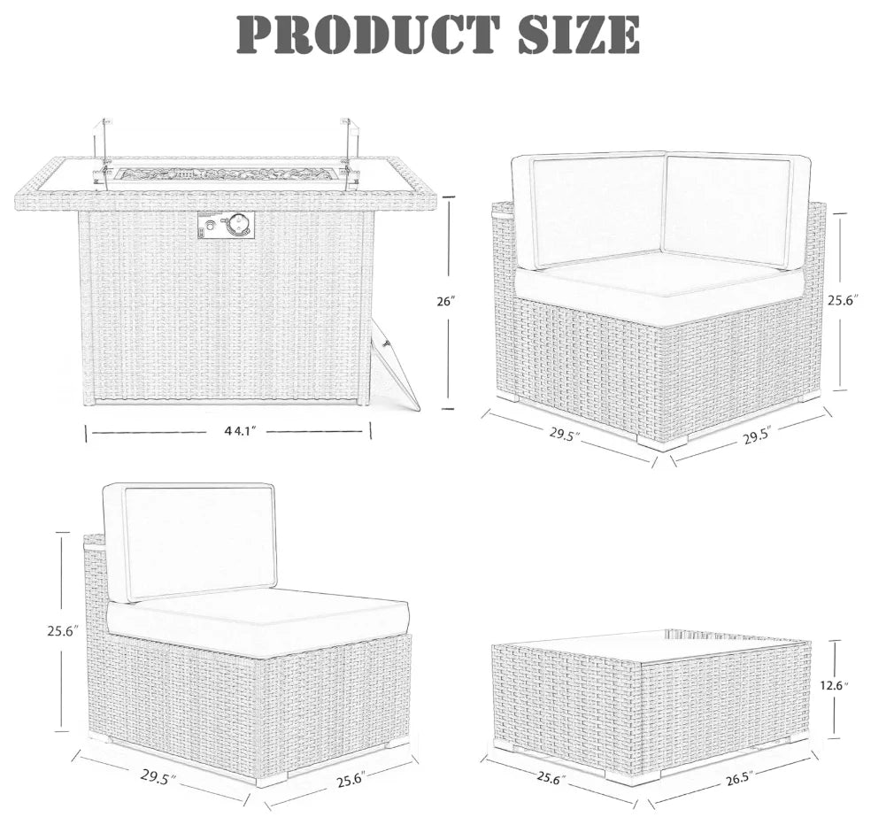 8 Pieces Patio Outdoor Sectional Wicker Sofa, Fire Pit Set