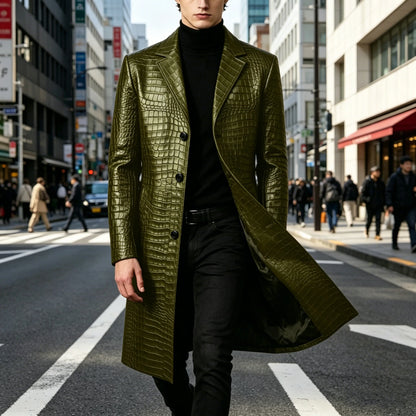 Men's Crocodile Leather Trench Coat Luxury Long