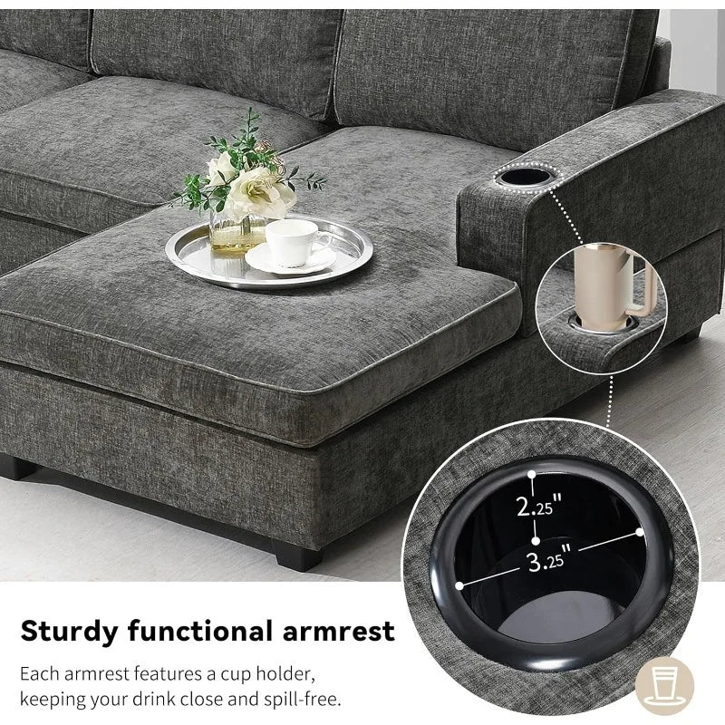 Modern U-Shaped Oversized Chaise Lounge, Cup Holders