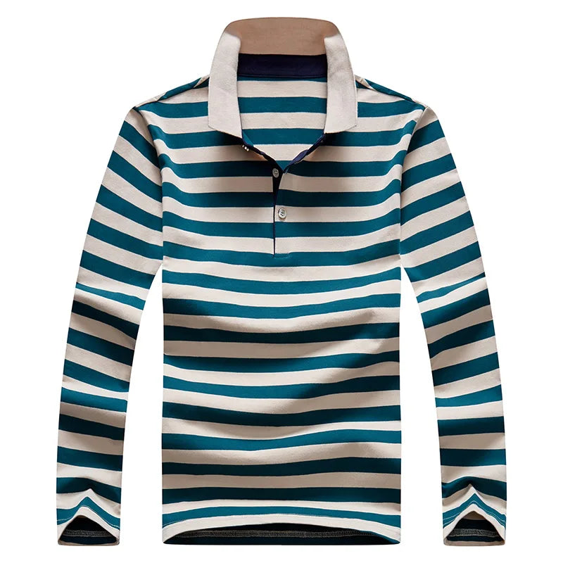 Men Polo Shirt Cotton Long Sleeve Stripe