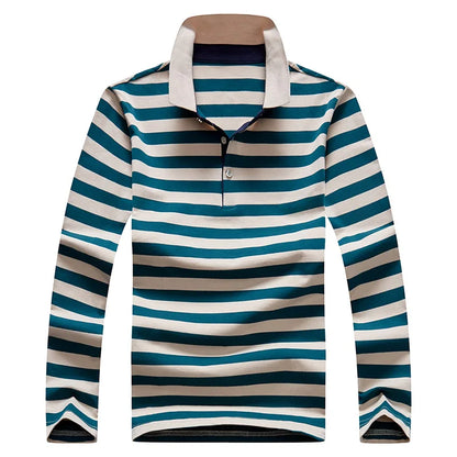 Men Polo Shirt Cotton Long Sleeve Stripe