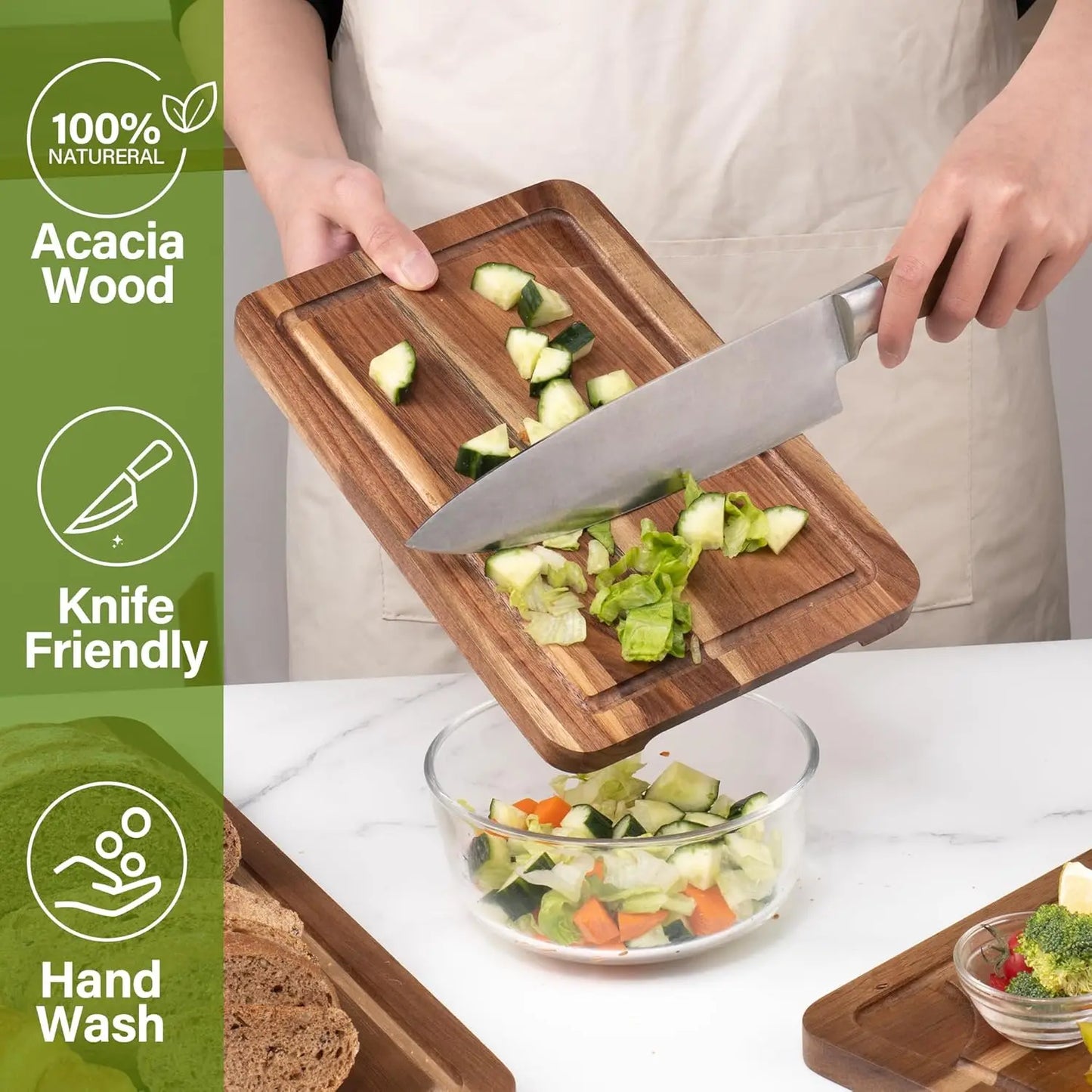 3 Pcs Acacia Wood Cutting Boards with Juice Groove