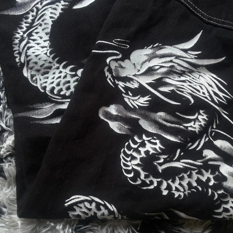 Oversize Geometric Letter Printing Washed Black Jeans