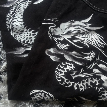 Oversize Geometric Letter Printing Washed Black Jeans