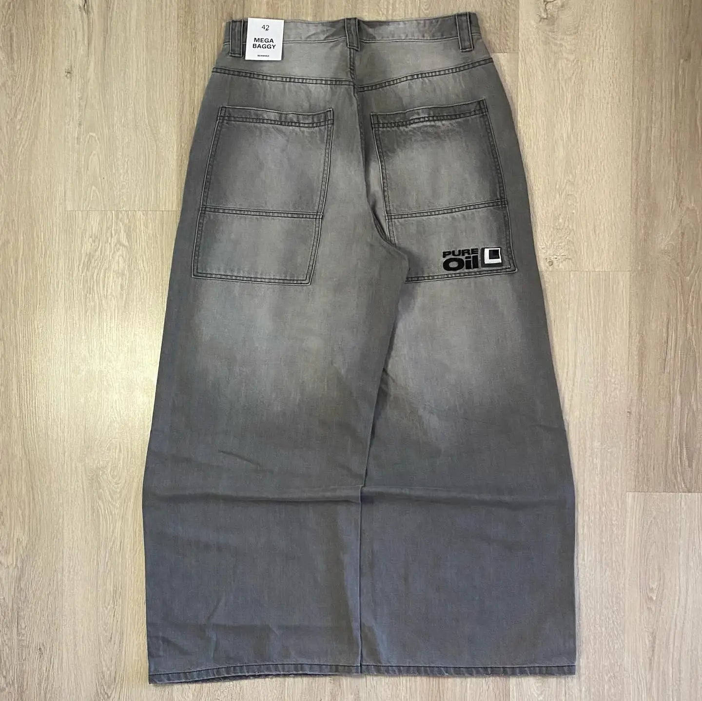 Oversize Geometric Letter Printing Washed Black Jeans