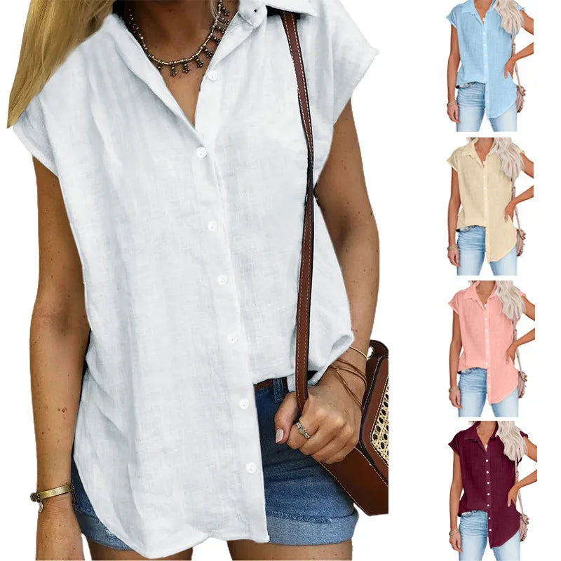 Womens Cotton Linen Casual Short Sleeve Tops