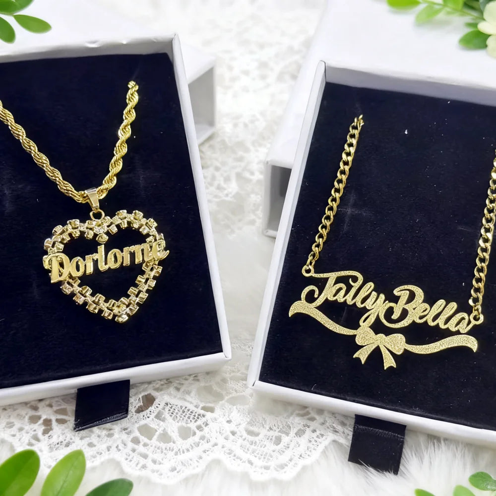 Custom Name Heart Frame Necklace Earrings Diamond