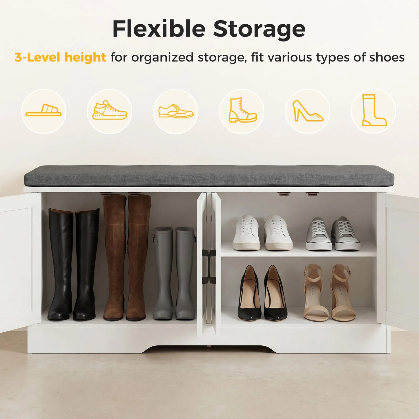 Storage Bench with Padded Seat Cushion 2 Doors