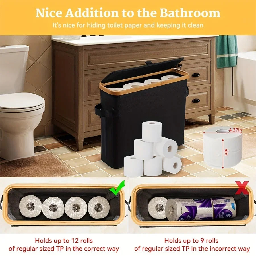 Bamboo toilet paper holder with lid organizer