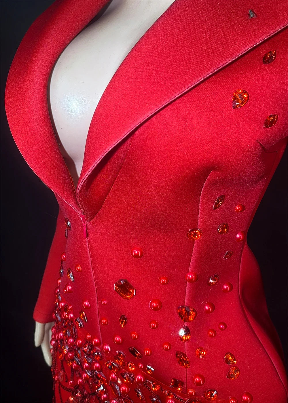 Sparkly Crystal Pearls Mini Dress Luxury Red Fashion