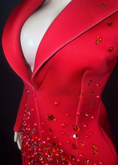 Sparkly Crystal Pearls Mini Dress Luxury Red Fashion