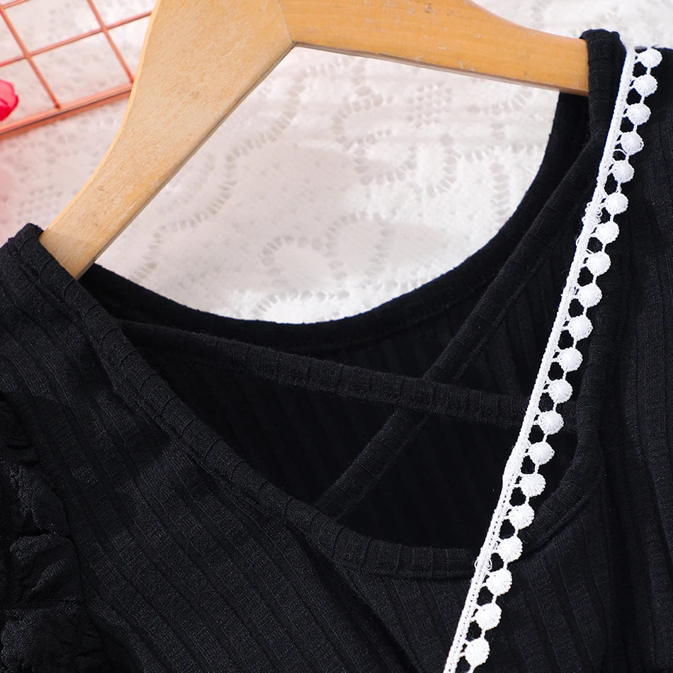 Girls Bubble Sleeve Ribbed Short Romper Set