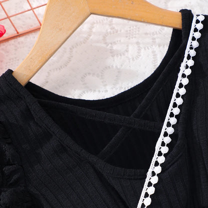 Girls Bubble Sleeve Ribbed Short Romper Set