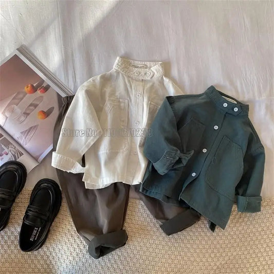 Band Collar Cotton Long Sleeve Shirt Coat Boys Girls Tops Clothes