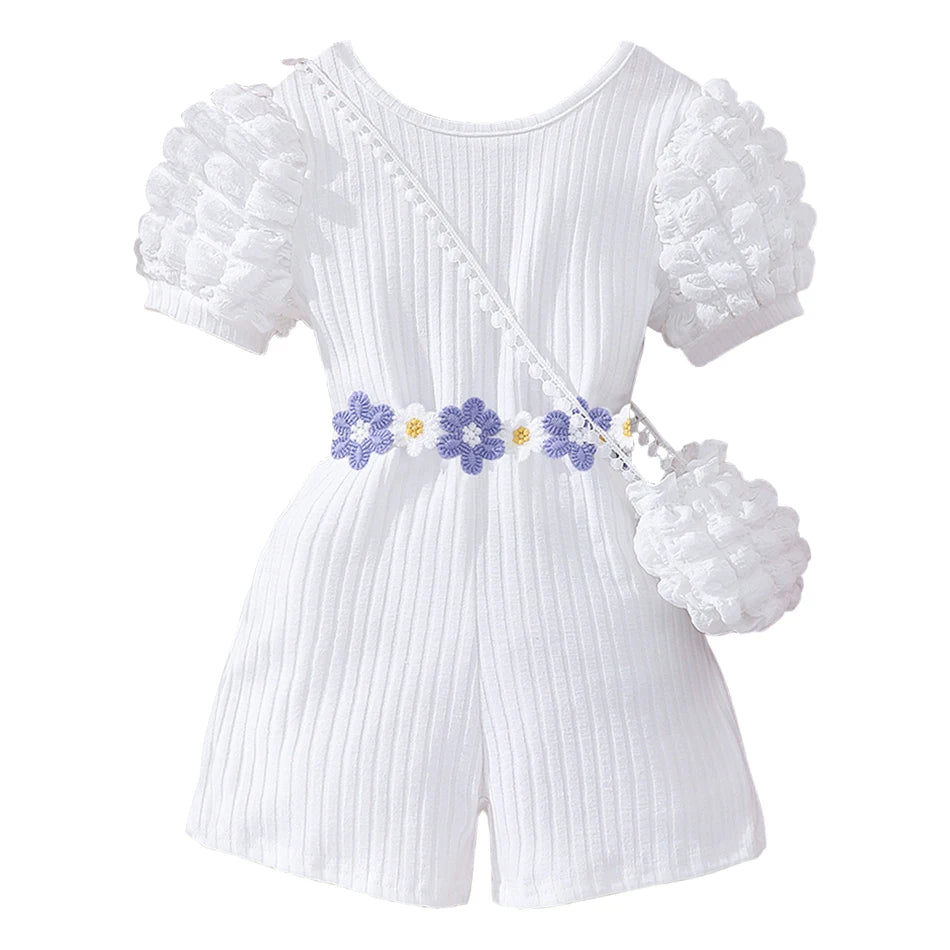Girls Bubble Sleeve Ribbed Short Romper Set